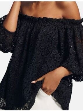 Maeve Anthropologie Black Lace Off Shoulder Top Boho Peasant Puff Sleeve Sz XXS